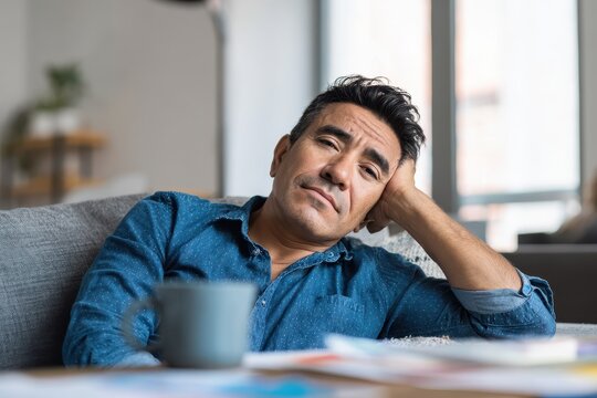 Weary Hispanic man in a blue shirt rolls his eyes during a home conversation
