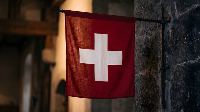 Swiss flag hanging on a rustic stone wall in a historical building