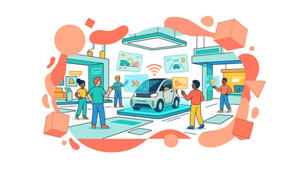 Fototapeta premium Modern Smart Car Technology Exhibition with Diverse People Interacting with Digital Interfaces and Electric Vehicle Innovation