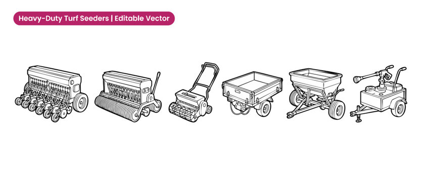 Turf seeder vector icon set featuring agricultural machinery, lawn aerator, fertilizer spreader, and garden trailer illustrations isolated on white background for professional landscaping design.