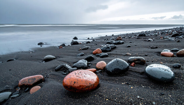Wet river pebble on black sand beach under overcast sky with cool gray and rust tone, calm seashore scene