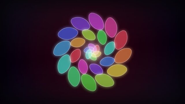 Glowing colorful oval shapes spiraling into a vibrant floral pattern on black, ideal for motion graphics, VJ loops, and creative digital background presentations.