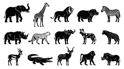 Fototapeta premium African Animals Silhouette Icons Set - Elephant, Lion, Zebra, Giraffe, Hippo