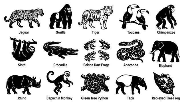 Monochrome Jungle Wildlife Icons Set: Tropical Animals Vector Silhouettes Collection