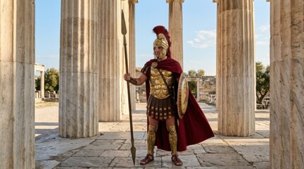 Obraz premium Ancient Greek Warrior Standing Proudly Among Classical Columns.