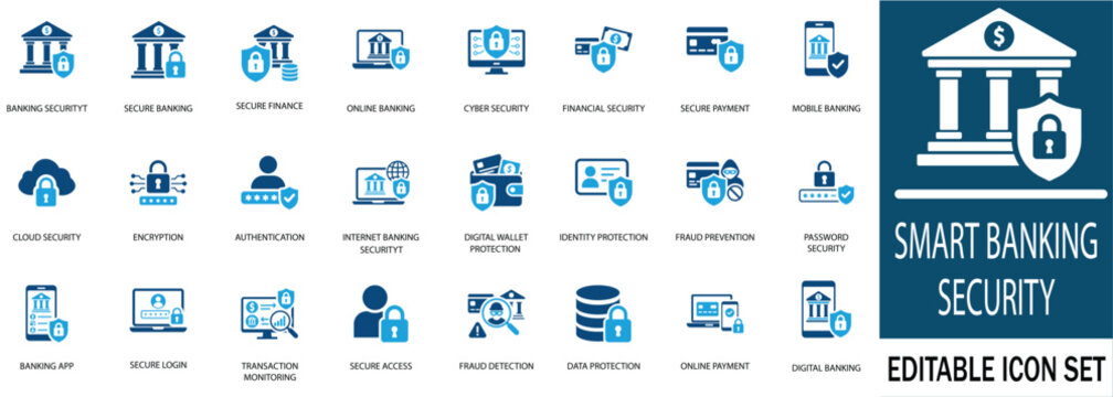 Smart banking security vector icon set. Secure online finance, mobile banking app, fraud prevention, and cyber security icons for digital transaction safety.