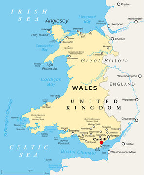 Wales, United Kingdom, political map with capital and largest city Cardiff. Country on the island of Great Britain bordered by England, the Irish Sea, the Celtic Sea, and the Bristol Channel. Vector
