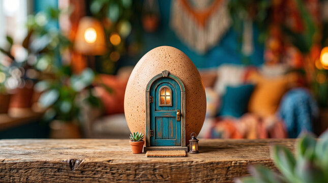 Tiny house inside egg as new beginnings and home concept visual metaphor