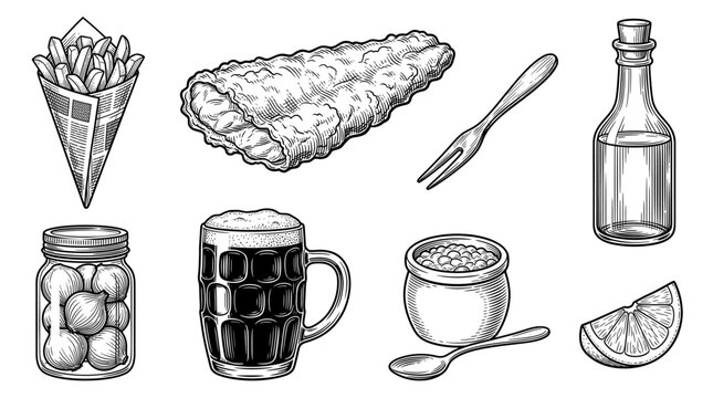 Hand-drawn set of traditional British fish and chips meal elements, including battered fish, fries in newspaper, beer, vinegar, mushy peas, and pickled onions, in vintage engraving style.