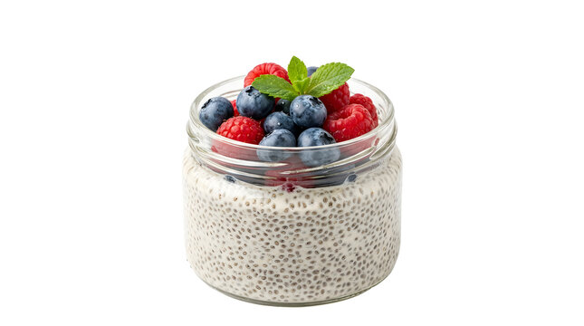Photograph of a fresh chia seed pudding parfait in a glass jar, beautifully topped with a colorful assortment of fresh blueberries and raspberries, garnished with a vibrant mint 