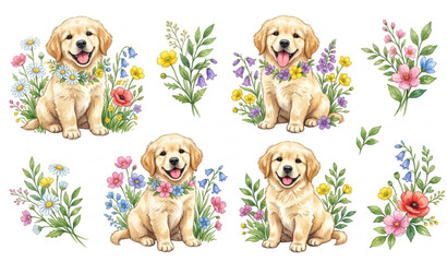 Premium watercolor golden retriever puppy vector pack with colorful flowers and botanical elements