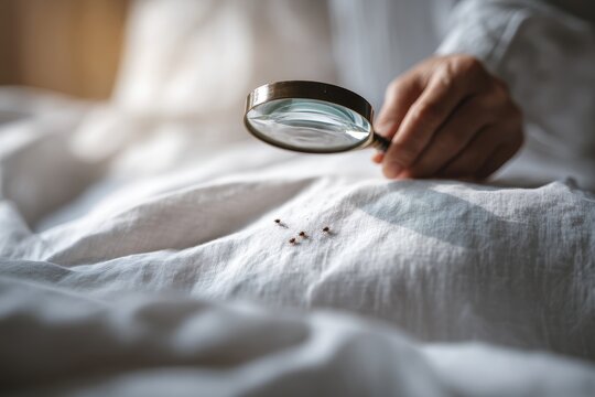 Woman with magnifying glass inspecting bed sheets for bed bugs in a bedroom