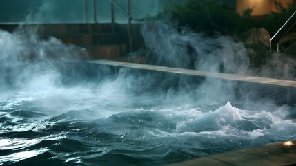 Fototapeta premium Steaming hot spring pool with bubbling water and mist rising from therapeutic mineral rich thermal waters inside a serene indoor spa setting