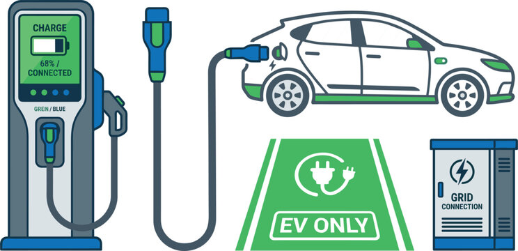 Electric Vehicle Charging Station Vector Illustration Set Featuring Modern EV Car Connected Power Supply Unit Parking Zone Sign and Power Grid Transformer Elements