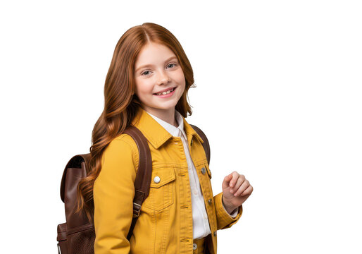 Happy young redheaded girl with a school backpack smiling and looking away to the side