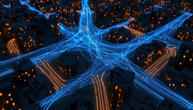 Vibrant interconnected urban landscape with glowing blue and orange energy pathways