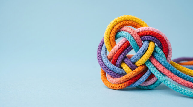 Interconnectedness and unity A colorful knot symbolizing connection, teamwork, and complex relationships