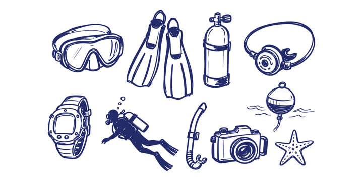 scuba diving equipment collection hand drawn doodle icon set vector illustration