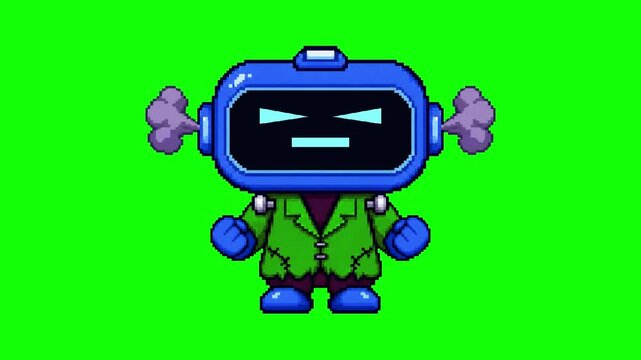 Halloween Frankenstein Robot Pixel Art Green Screen Animation - Scary Face