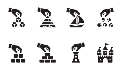 Fototapeta premium Hands building various structures with blocks including castle sailboat and pyramid in black silhouette icons.