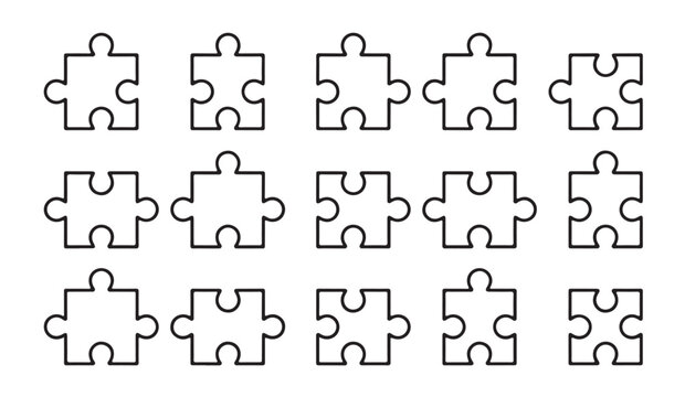 Jigsaw puzzle pieces set in thin line style for creative games or business connection and integration concept.