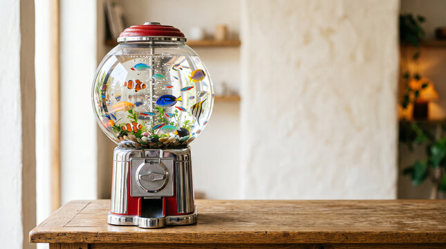 Vintage gumball machine filled with tropical fish as playful ocean imagination concept