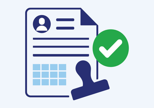Approved document with checkmark and stamp on light background