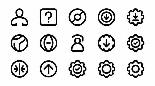 Minimalist black line icons set for user interface design.