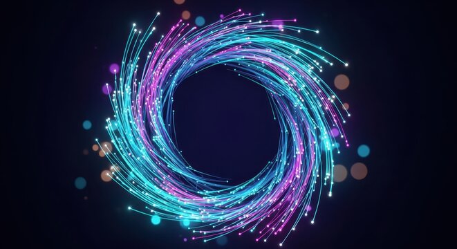 Abstract Futuristic Fiber Optic Vortex with Glowing Blue and Magenta Light Trails on Dark Background