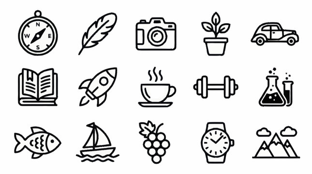 Collection of sixteen black line icons representing various concepts.