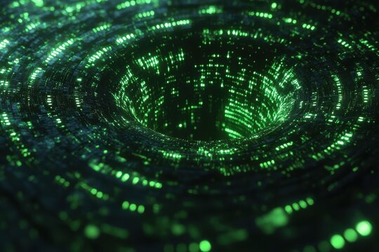 Glowing green digital vortex abstract background circular data tunnel technology concept illustration