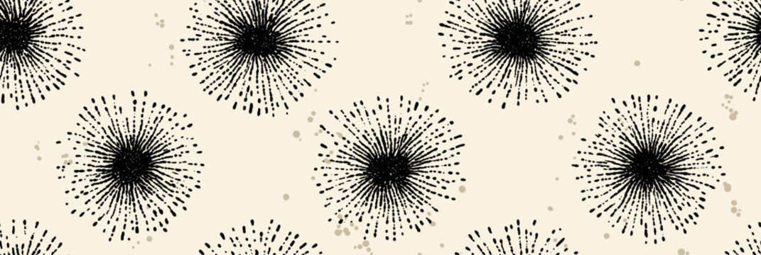 Abstract sunburst shapes creating a seamless black and beige geometric pattern. Bohemian geometric sunburst explosion pattern, seamless abstract boho design in neutral black and beige tones