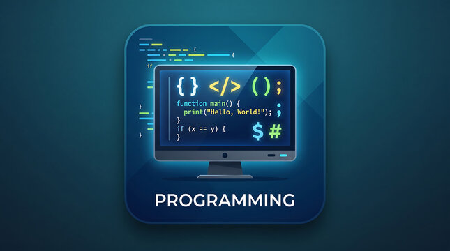 Modern programming computer monitor software development flat app icon with digital code snippets