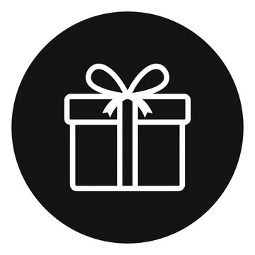 White gift box icon with ribbon on dark circle background icon