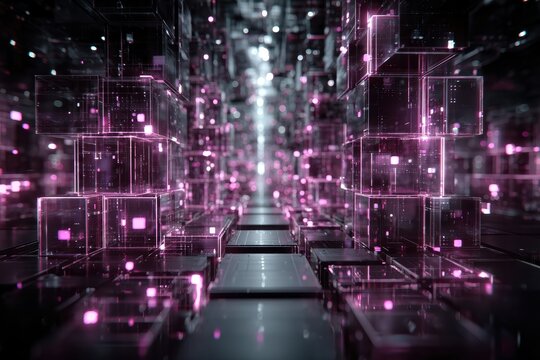 Futuristic digital matrix background with neon purple light cubes and abstract technology infrastructure design concepts