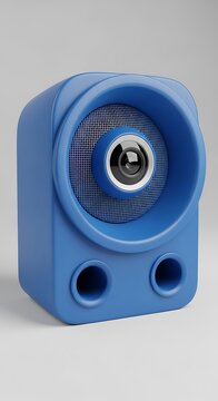 Blue Compact Speaker with Circular Design and Sound Ports.