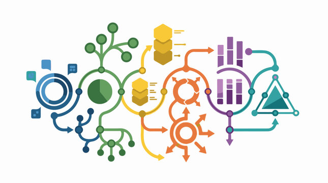 Abstract flow diagram with circles hexagons bars and arrows