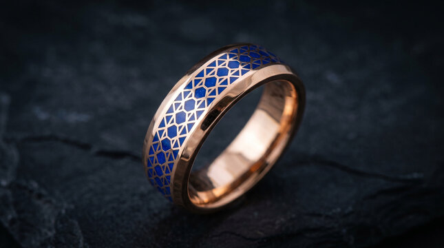 Blue patterned gold ring on a dark stone.