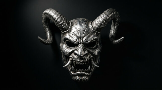 Silver demonic horned mask on dark background.