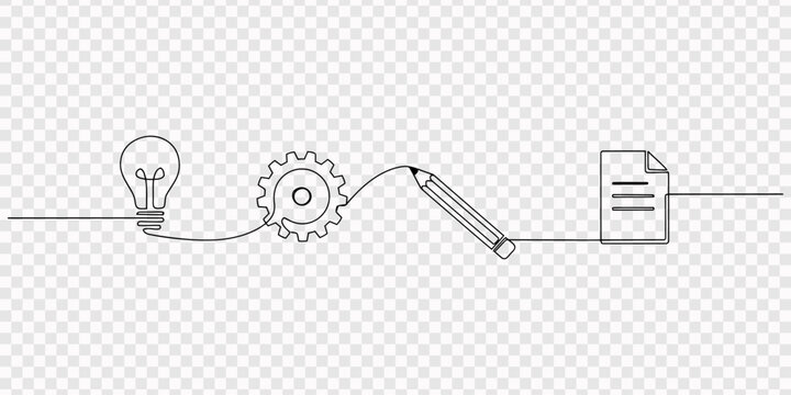 light bulb, gear, pencil and document continuous line drawing, concept for innovation and problem solving, transparent background, Gear scroll pencil, and light bulb icons representing idea and proces