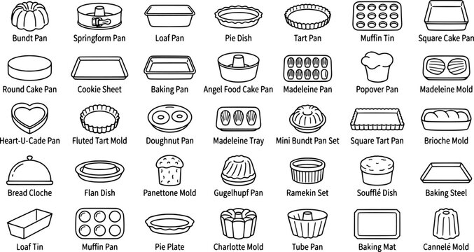 Baking pan and cake mold icon set in a line art style including bundt, muffin, tart, loaf, springform, and madeleine baking equipment.