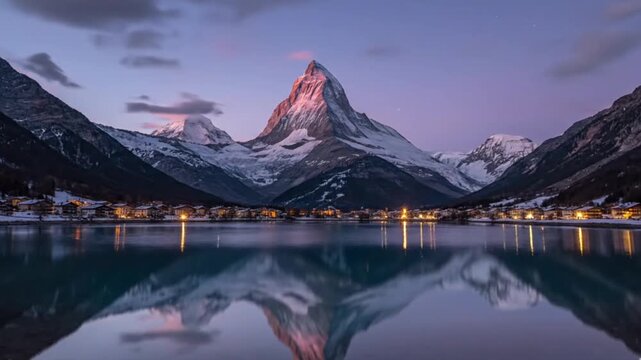 Mount mont blanc covered in the snow reflecting on the water in the evening in chamonix, france
