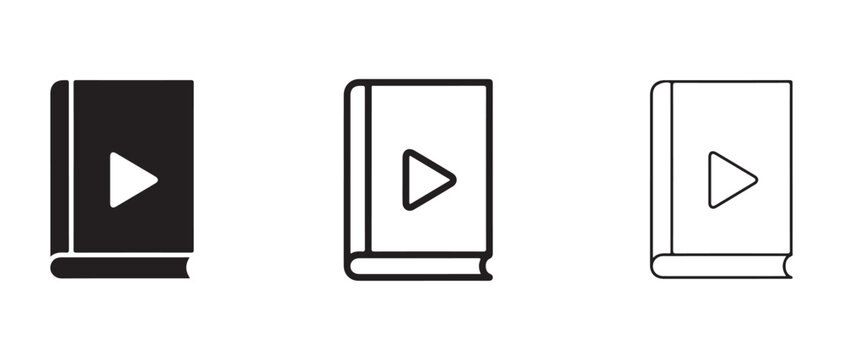 Play button icons on book covers in black and white for video tutorial or online course  educational symbols