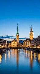 Fototapeta premium Night View of Historic Cityscape with Reflections on Water.
