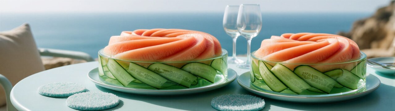 Watermelon and cucumber slices arranged on seaside table