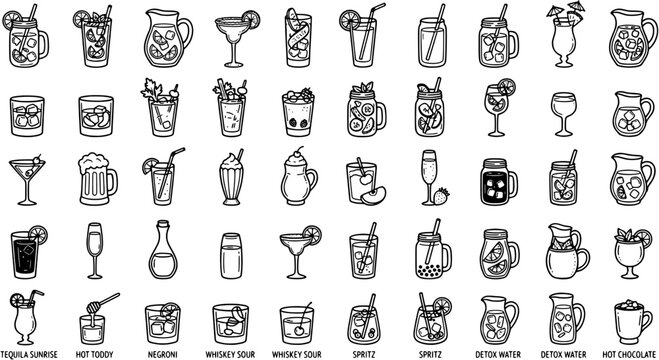 Cocktail and drink icon set in a flat black outline style including lemonade, margarita, beer, smoothie, iced tea, punch, and alcoholic beverages.