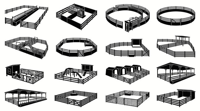 Agriculture Livestock Black  White Silhouette Vector Icons: Animal Fences, Corrals, Pens, Barns, and Enclosures