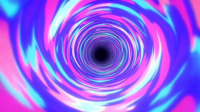 Vivid neon vortex tunnel with concentric swirling rings around dark center, glowing in cyan, magenta, pink, lime, blue, and purple for futuristic abstract background
