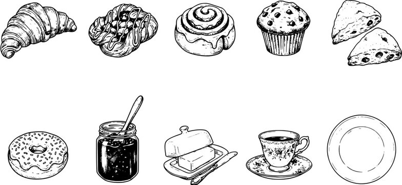 Bakery and breakfast icon set in a hand-drawn sketch style including croissant, muffin, cinnamon roll, donut, jam jar, butter dish and tea cup.
