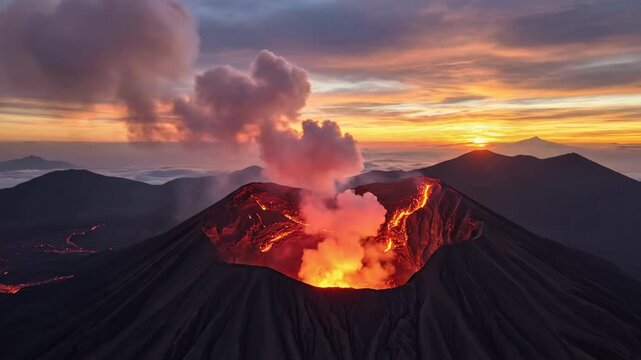 Eruption of a volcano at sunset in El Salvador with lava flow and smoke
